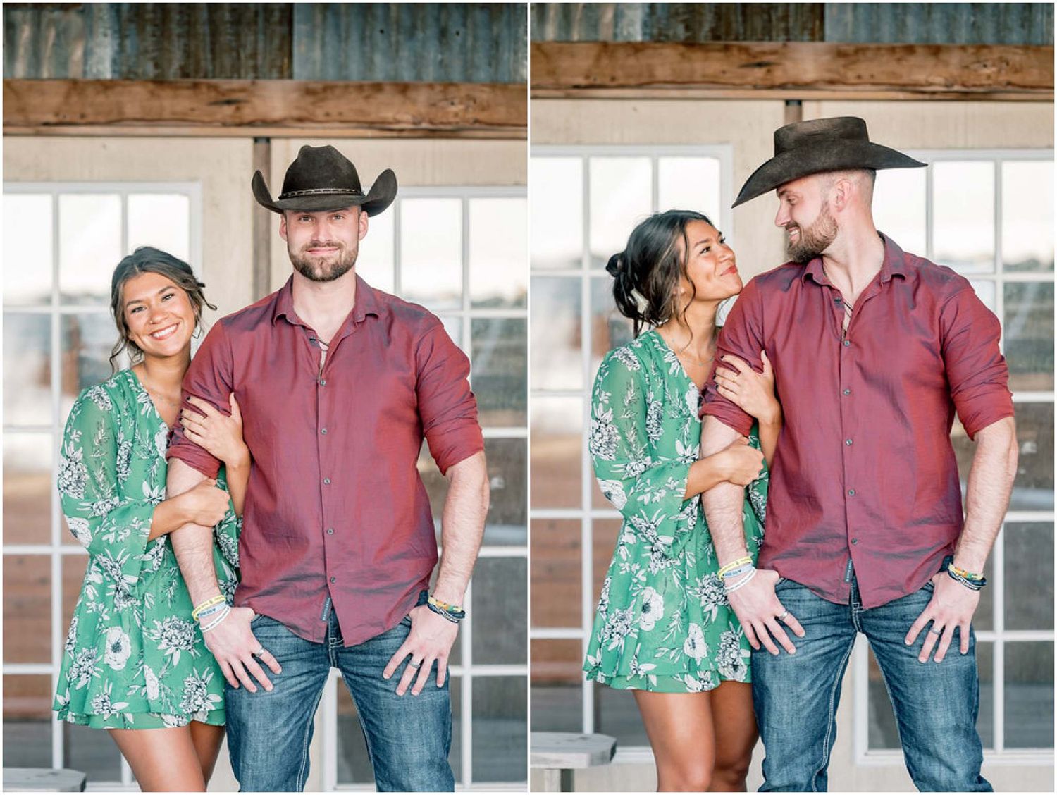A series showing a couple in casual western wear sharing affectionate moments indoors.