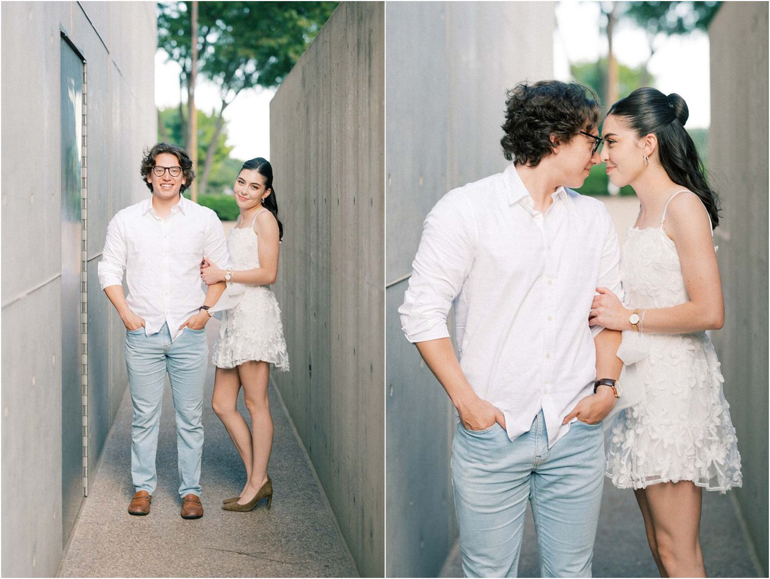 Series of tender moments between couple posing against concrete wall backdrop.