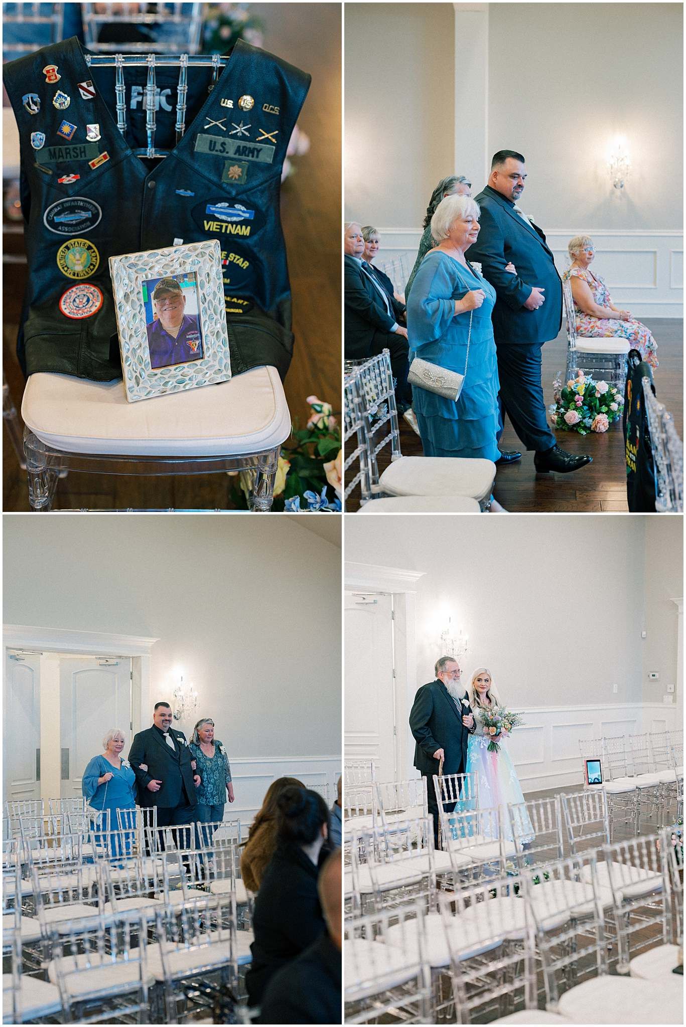 Wedding venue setup showing decorated chairs and memorial photo displays.