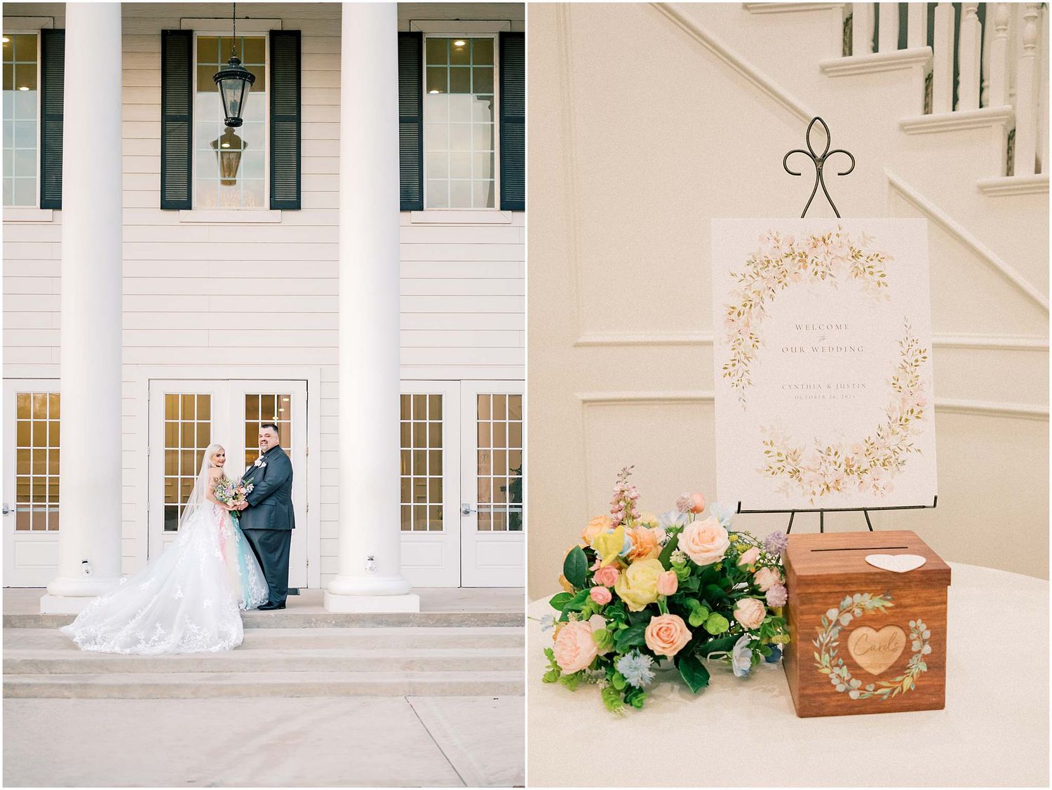 Wedding venue interior with elegant decor and floral arrangements.