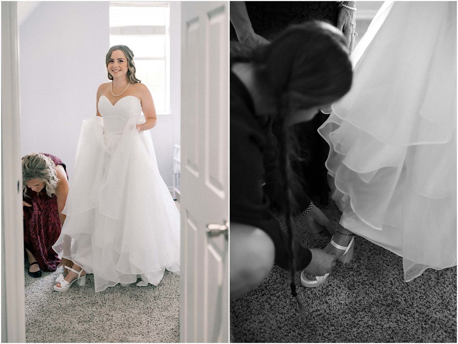 Wedding dress details and preparations in a room with grey carpet.