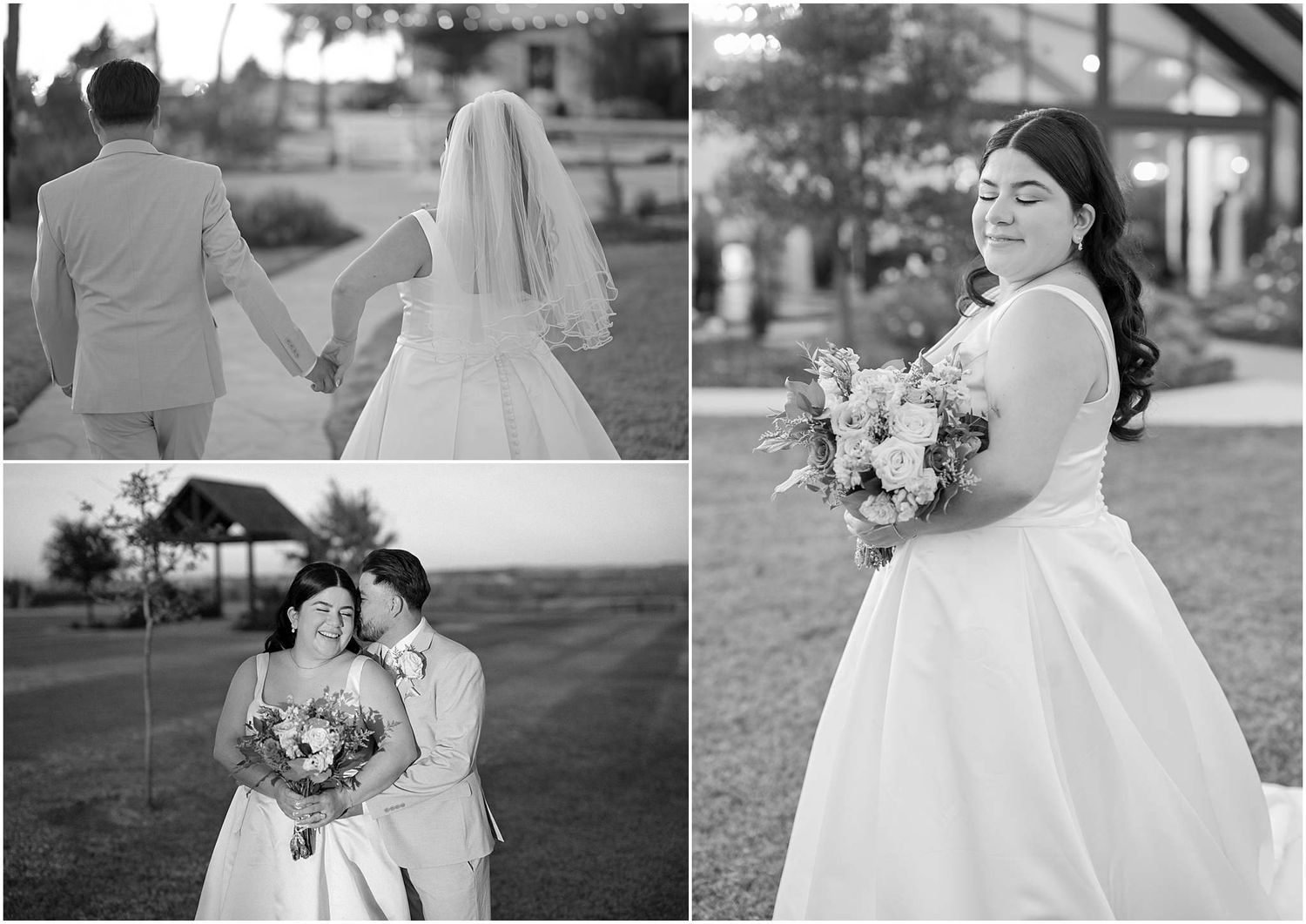 Black and white wedding photography series showing bridal portraits and venue details.