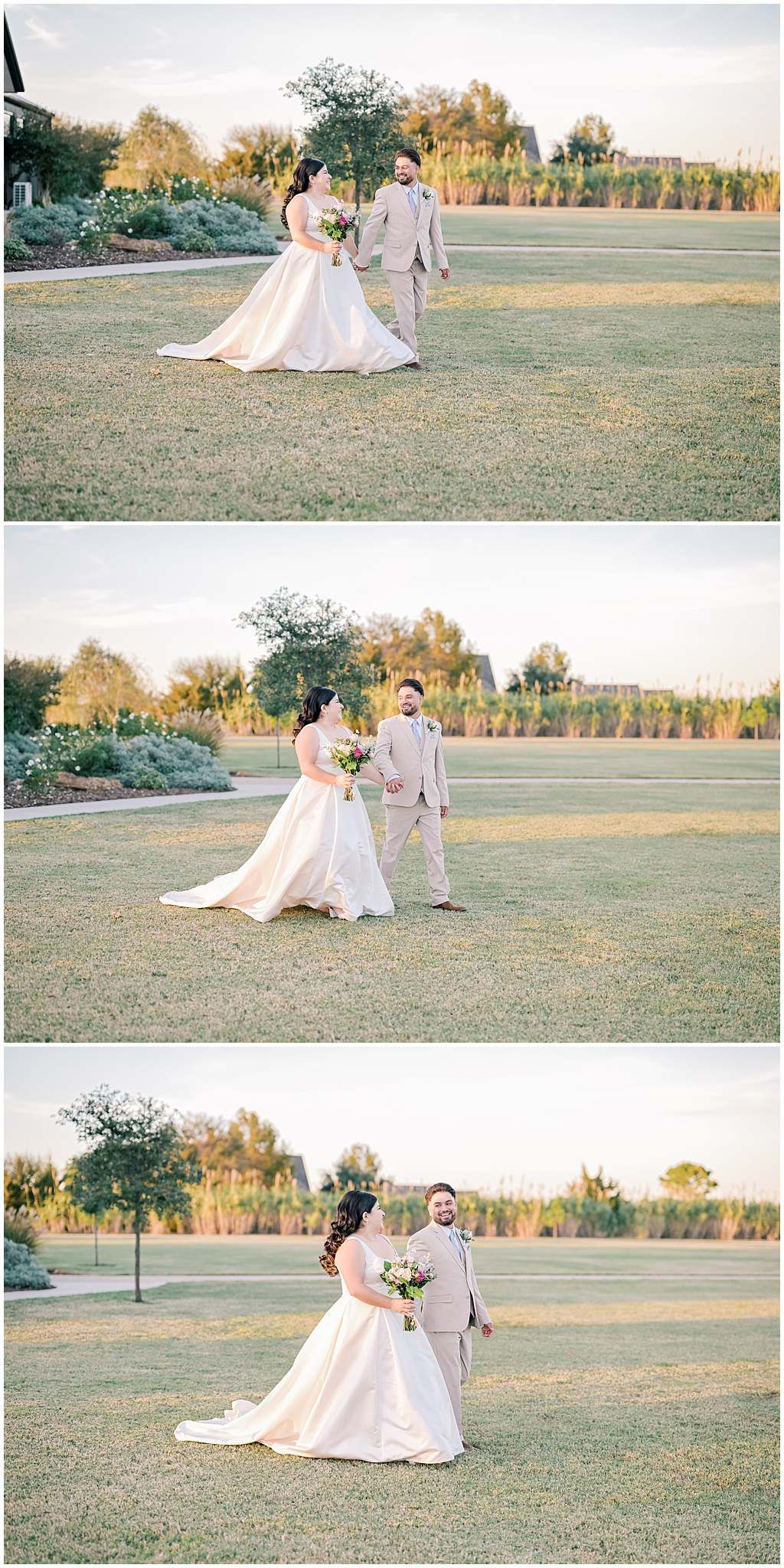 Wedding couple poses on grassy lawn with modern venue and trees in background.