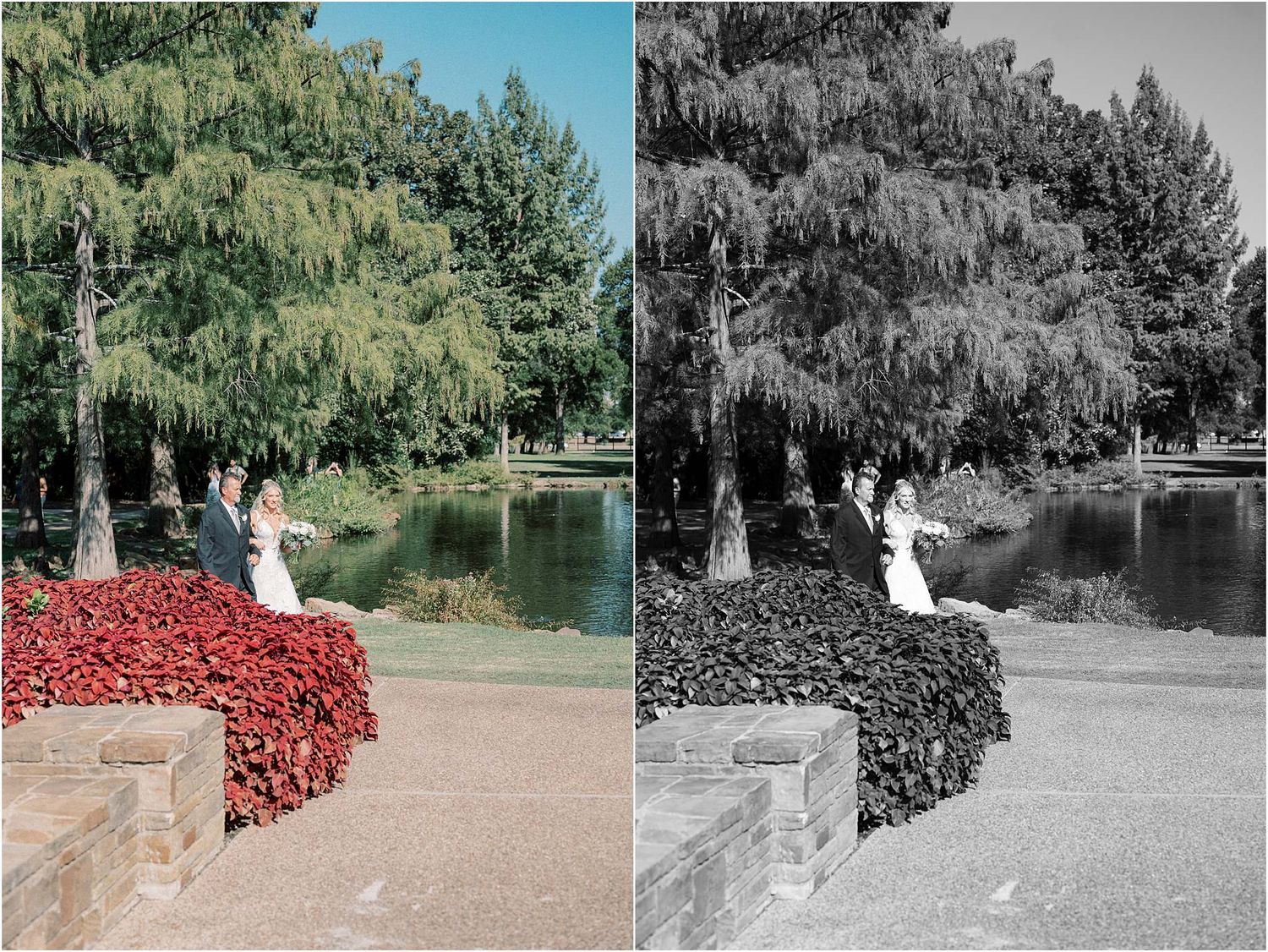Wedding ceremony location alternating between color and black and white photographs.