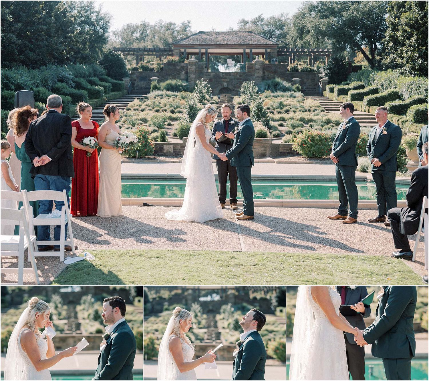 Wedding ceremony taking place by a pool in a terraced garden with guests watching the proceedings.