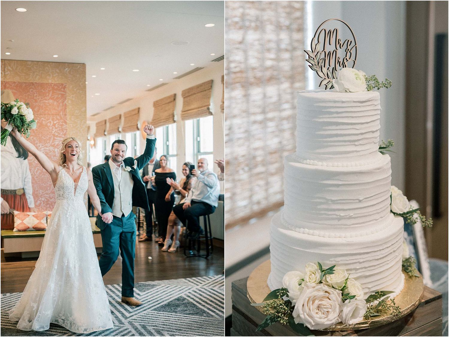 Elegant white wedding cake and reception venue details with floral decorations.