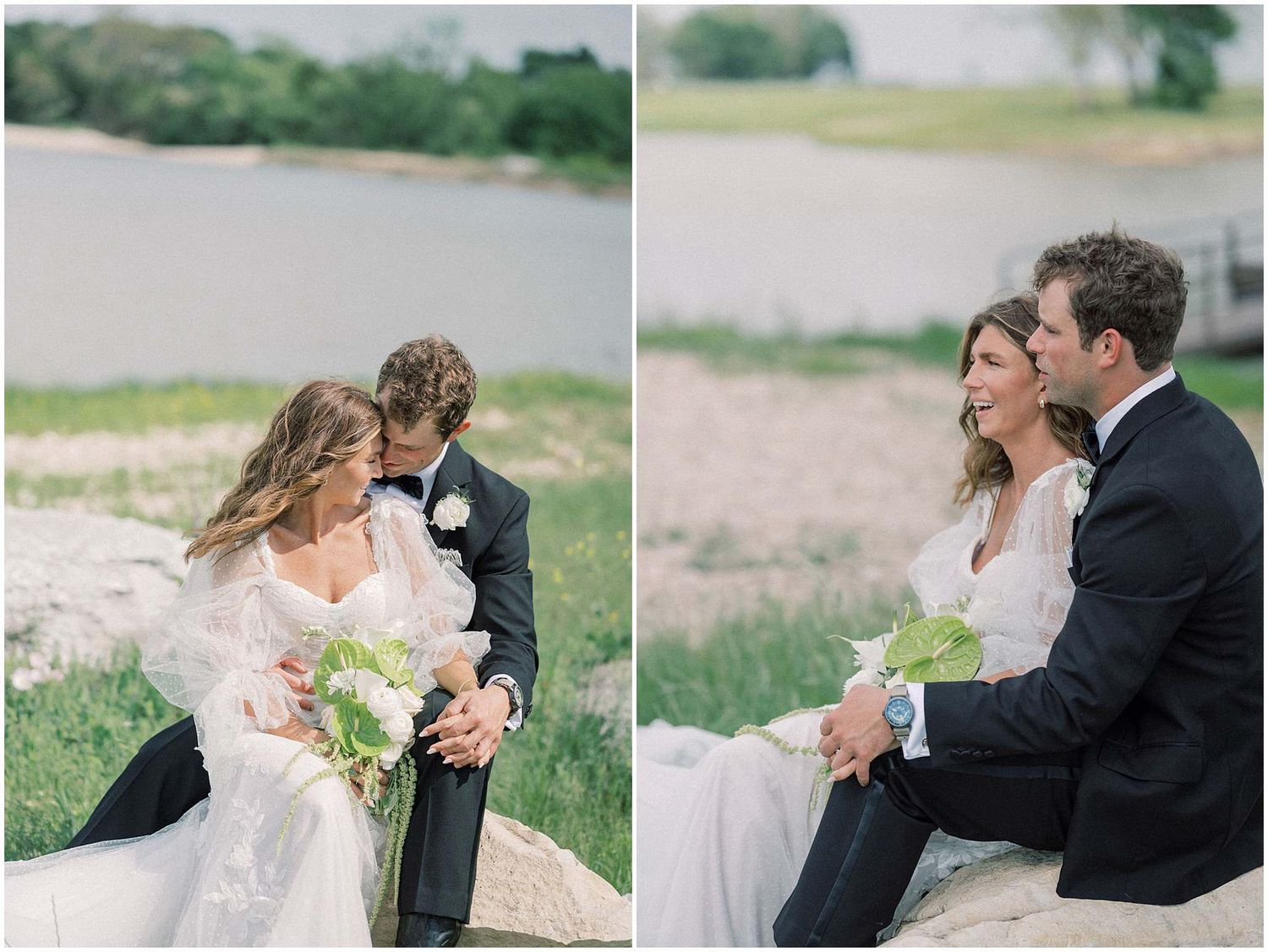 Wedding couple shares intimate moments in a field with soft natural lighting.