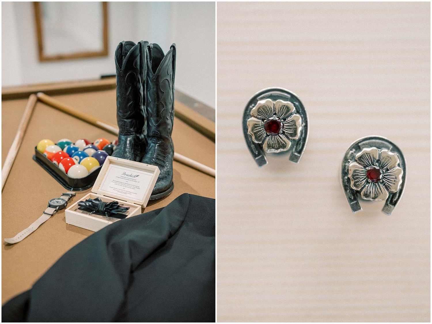 Groom's accessories including a dark blue bow tie, watch, and cufflinks arranged on a wooden surface.