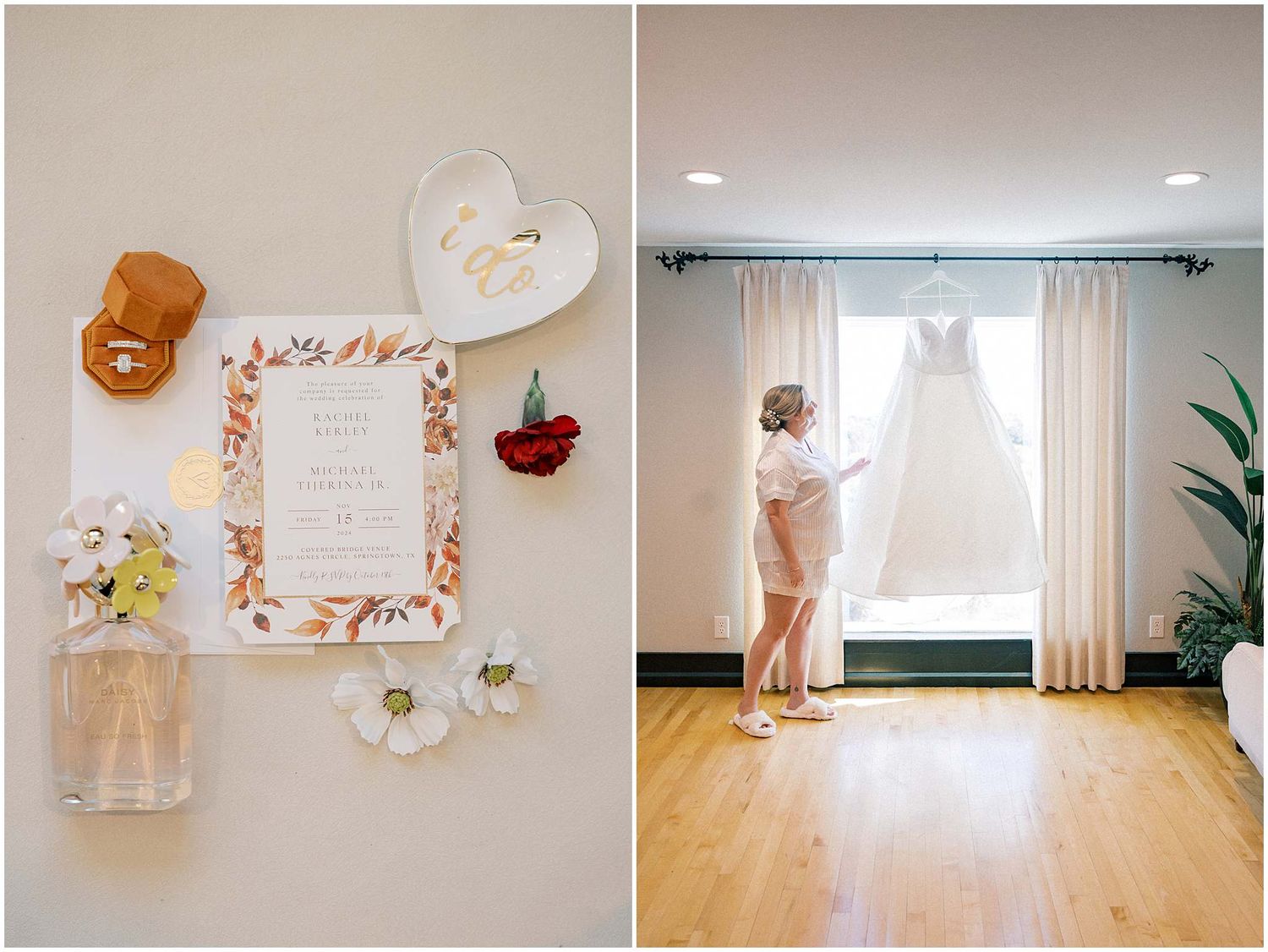 Wedding details flatlay with invitation and florals next to a romantic moment by a window in a bridal suite.