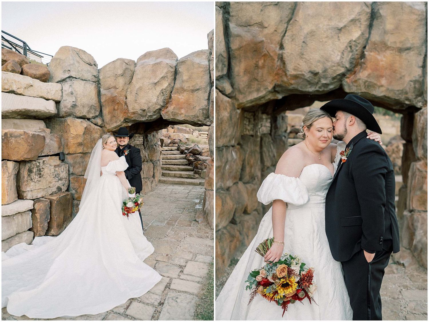 Couple in wedding attire poses intimately against rustic stone walls and cliffs in a romantic outdoor setting.