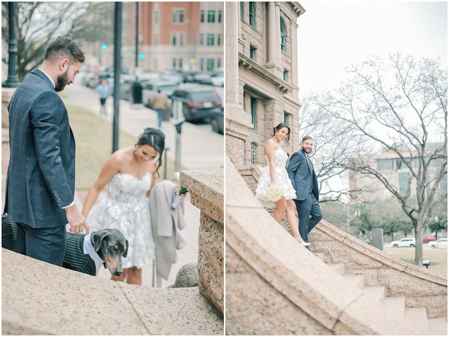 Romantic couple photos on stone steps outside a historic building with winter trees in background.