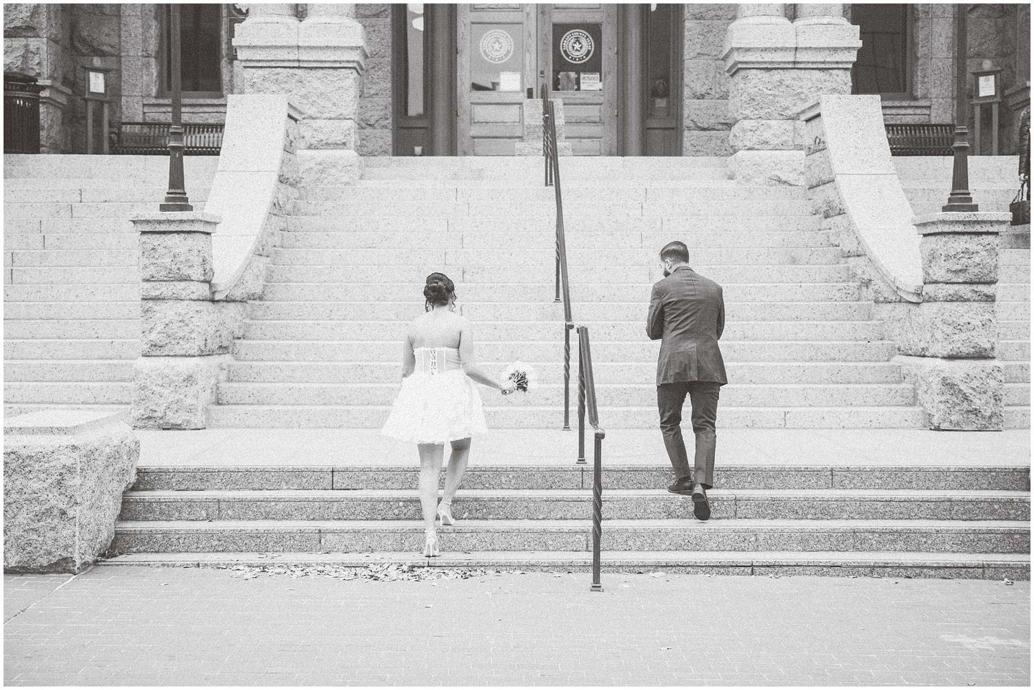 A series of black and white photos showing people walking up and down stone steps at a formal building entrance.