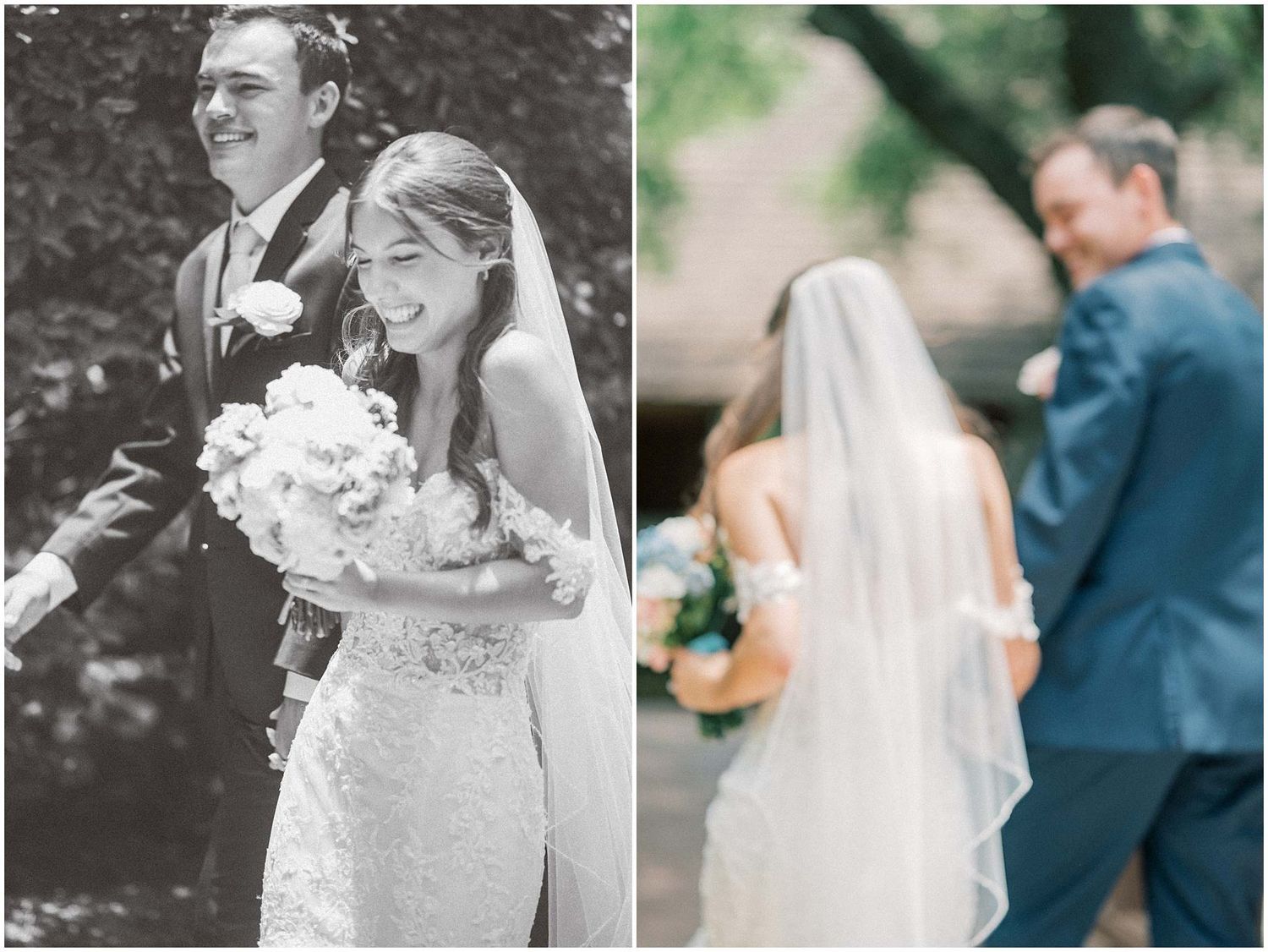 A collection of wedding photos showing tender moments between a couple in formal attire with white floral details.