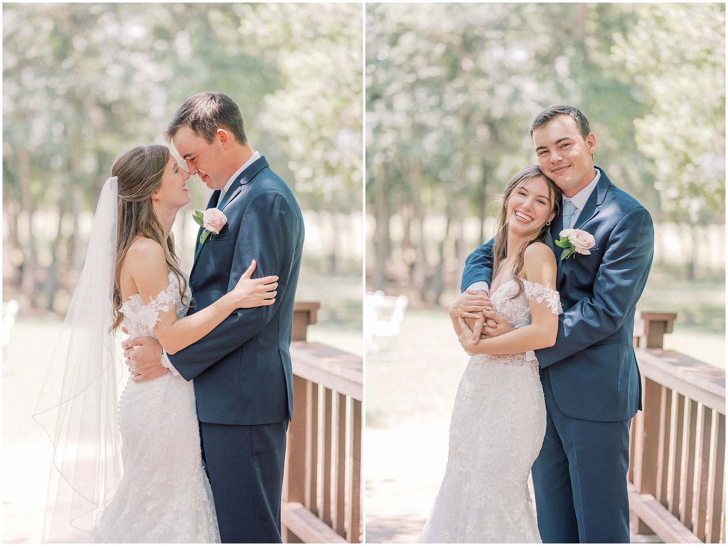 A couple in wedding attire shares romantic moments together in a sunlit outdoor setting with white blossoms.