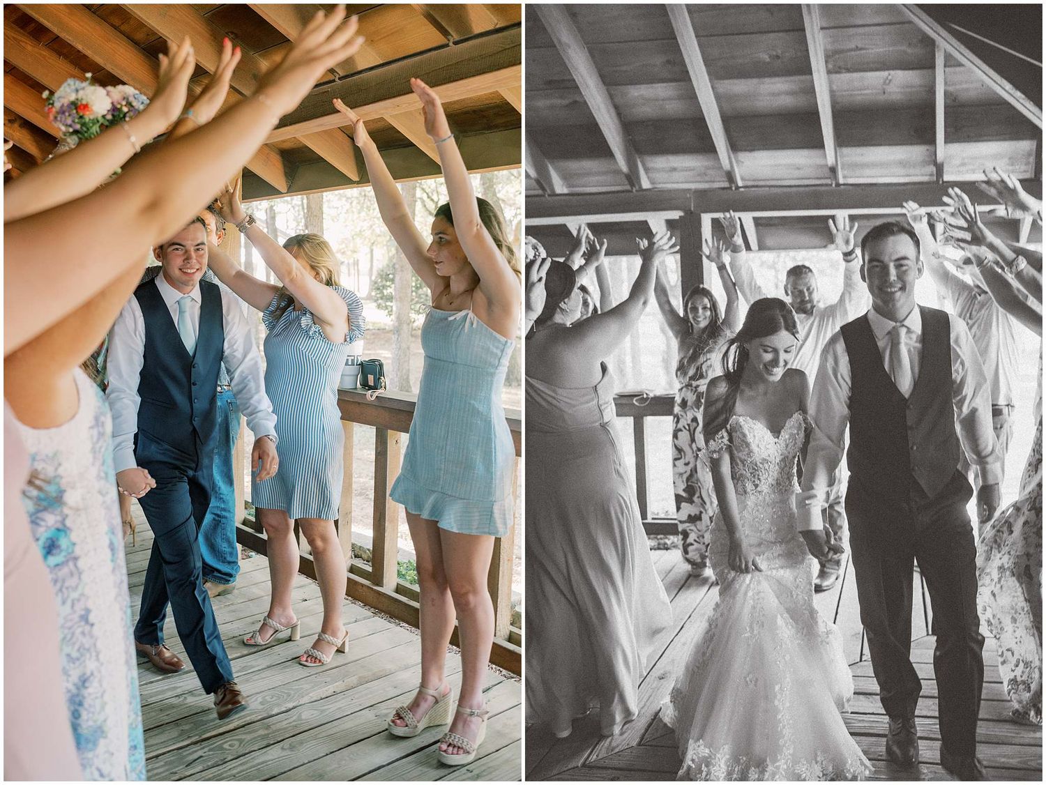 Wedding guests dance and celebrate in a rustic barn venue with natural light streaming through windows.