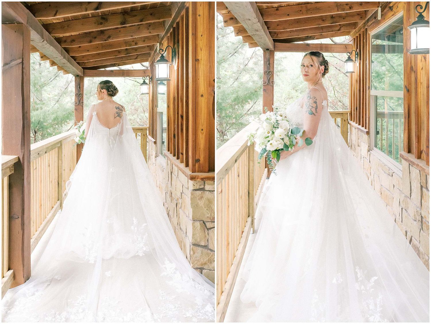 A bride in a flowing white gown poses in a rustic wooden covered walkway with natural lighting.