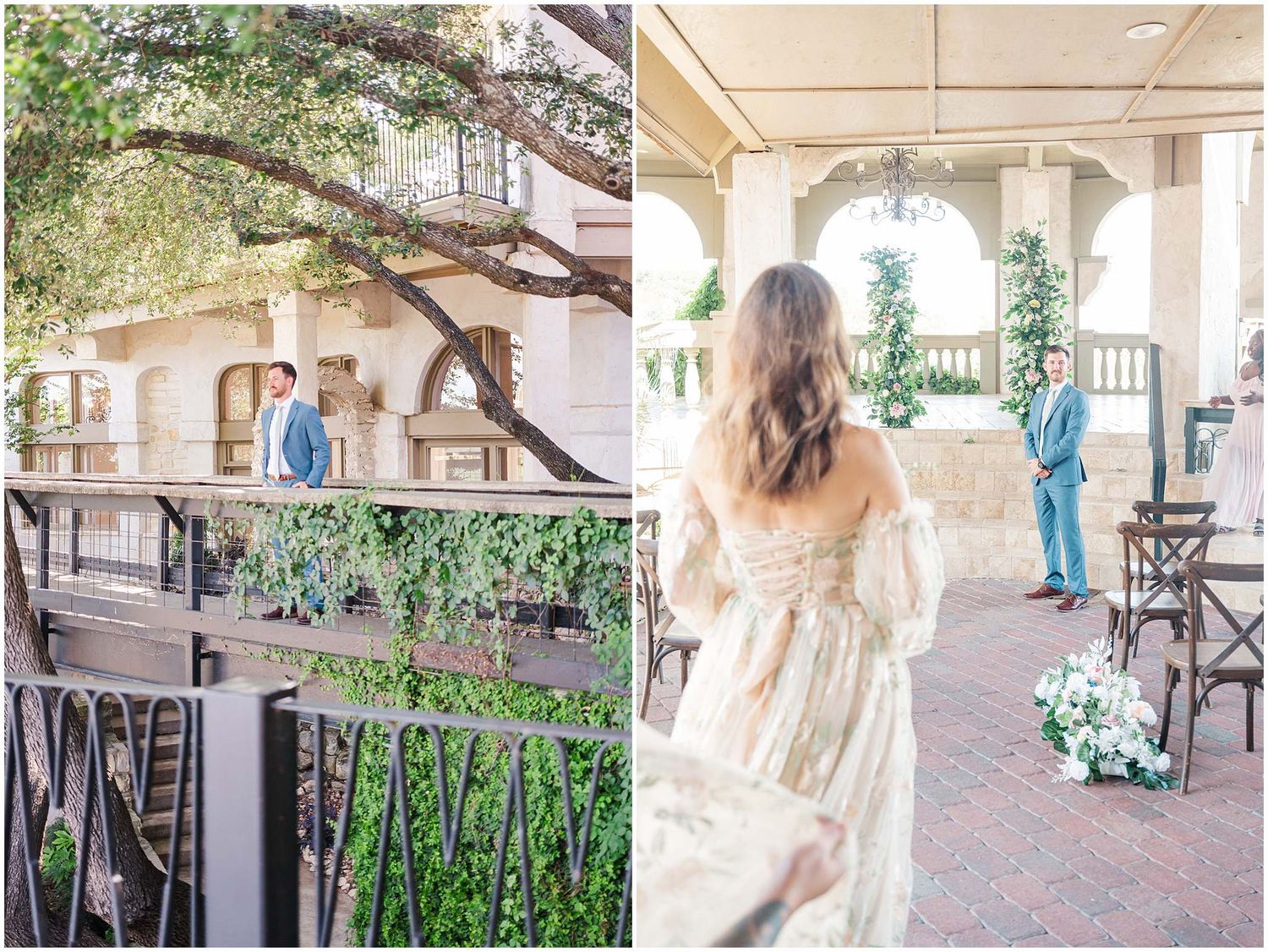 A romantic outdoor wedding venue with stone columns and greenery shown from multiple angles.