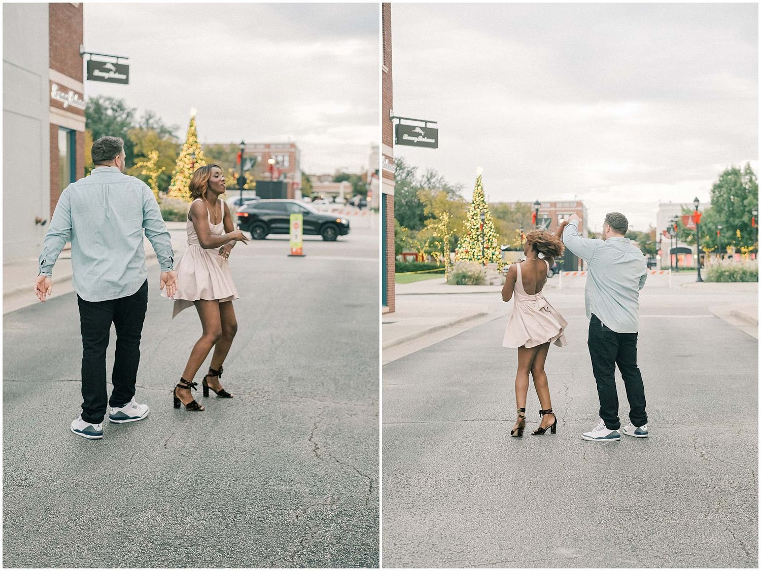 A couple walking together on an urban street, shown from two different angles in a split photo composition.