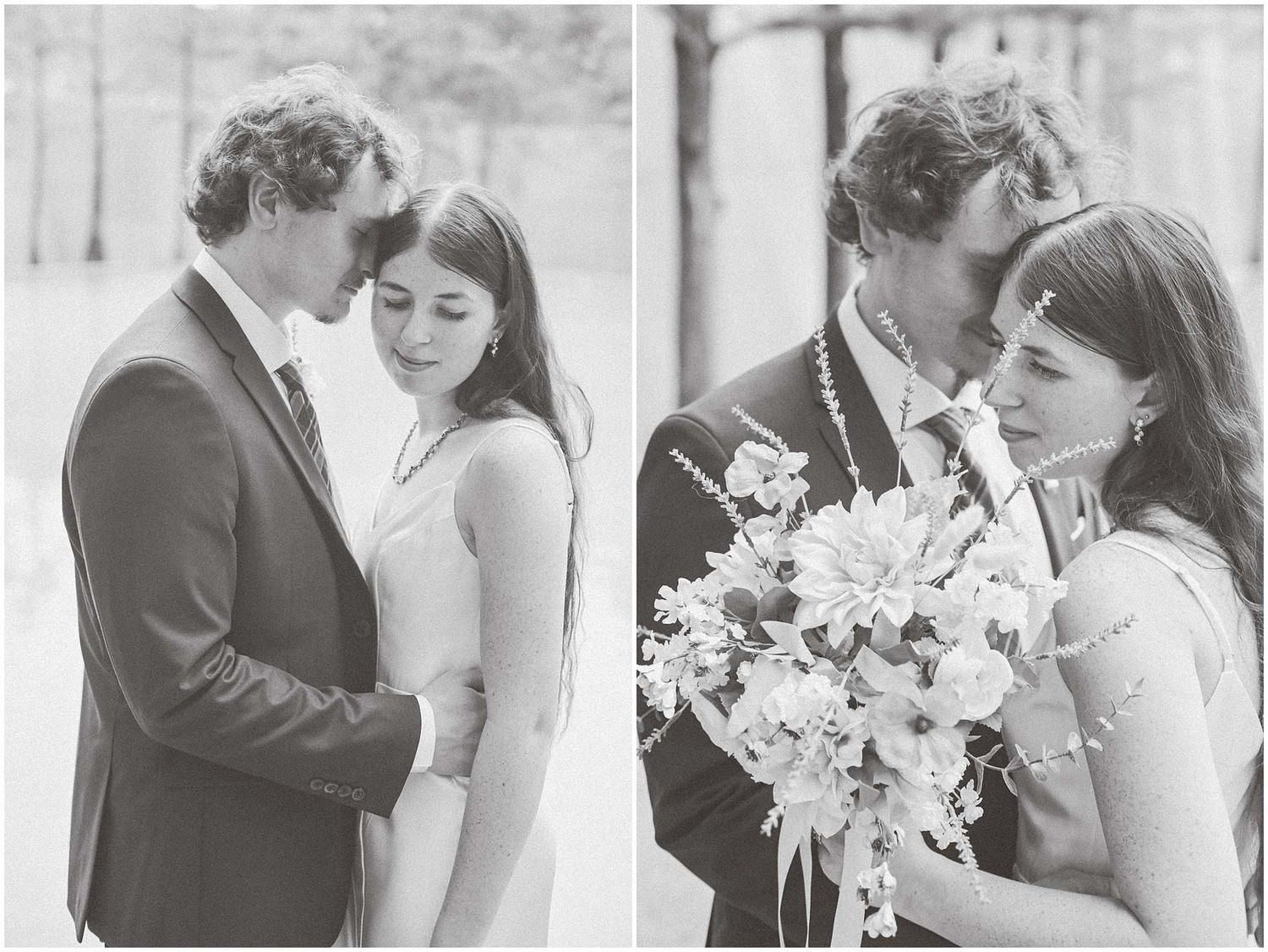 Romantic wedding portrait series showing tender moments between newlyweds.