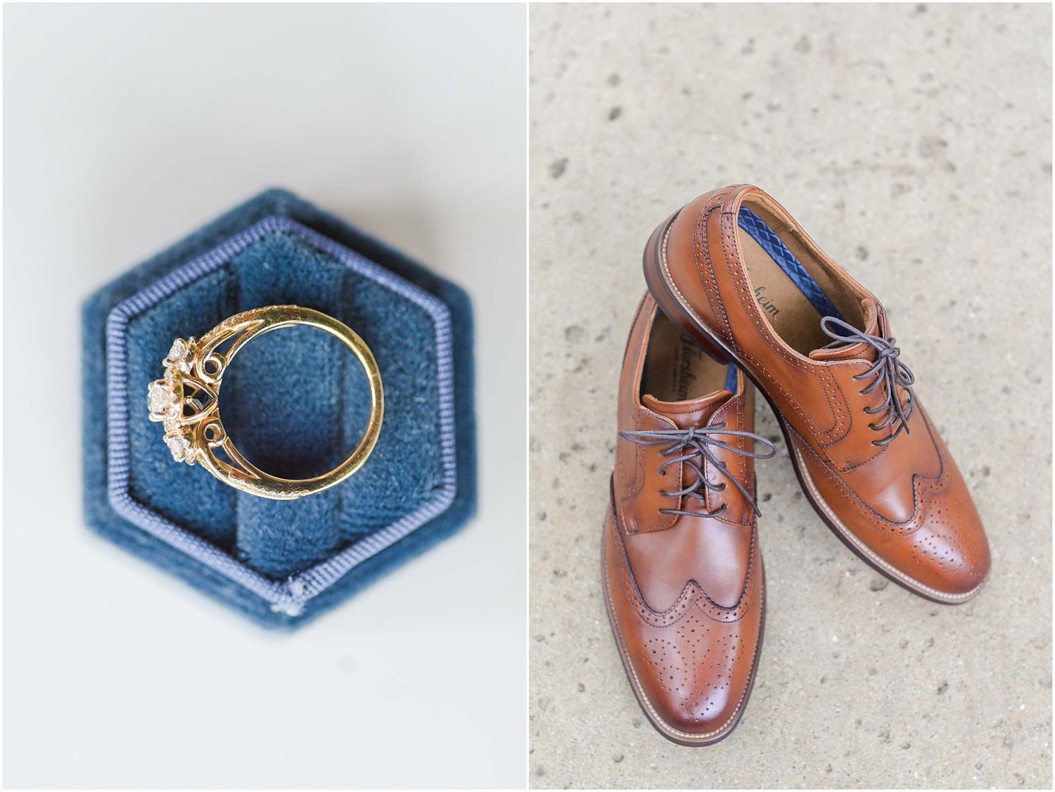 Gold wedding ring in blue velvet hexagon box beside brown leather brogue oxford dress shoes on gray surface.