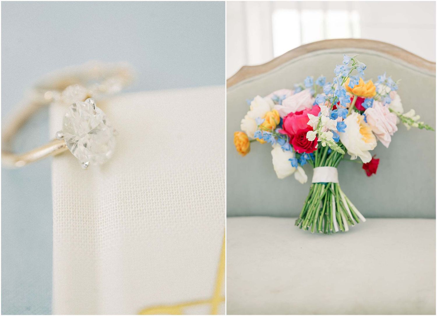Gold diamond engagement ring beside a colorful bridal bouquet with red, pink, yellow, and blue flowers on a gray chair.