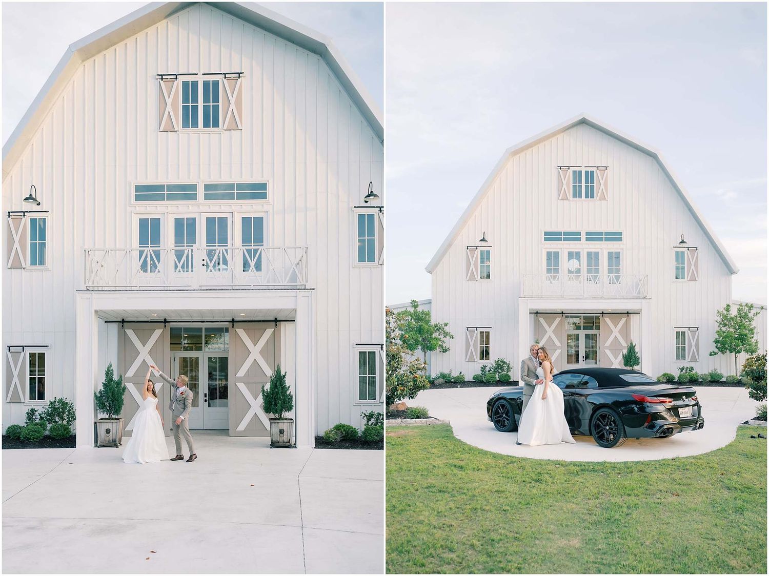 Bride and groom embrace before a grand white barn wedding venue with elegant sliding doors and manicured grounds.