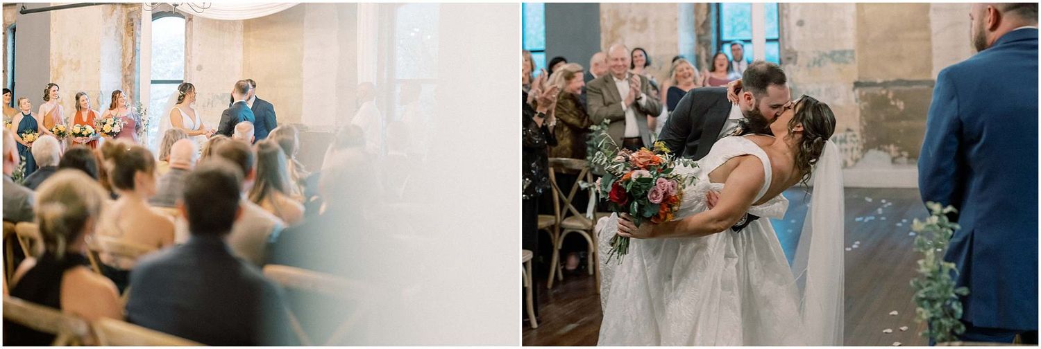 Wedding ceremony celebration with guests throwing confetti in an indoor venue.