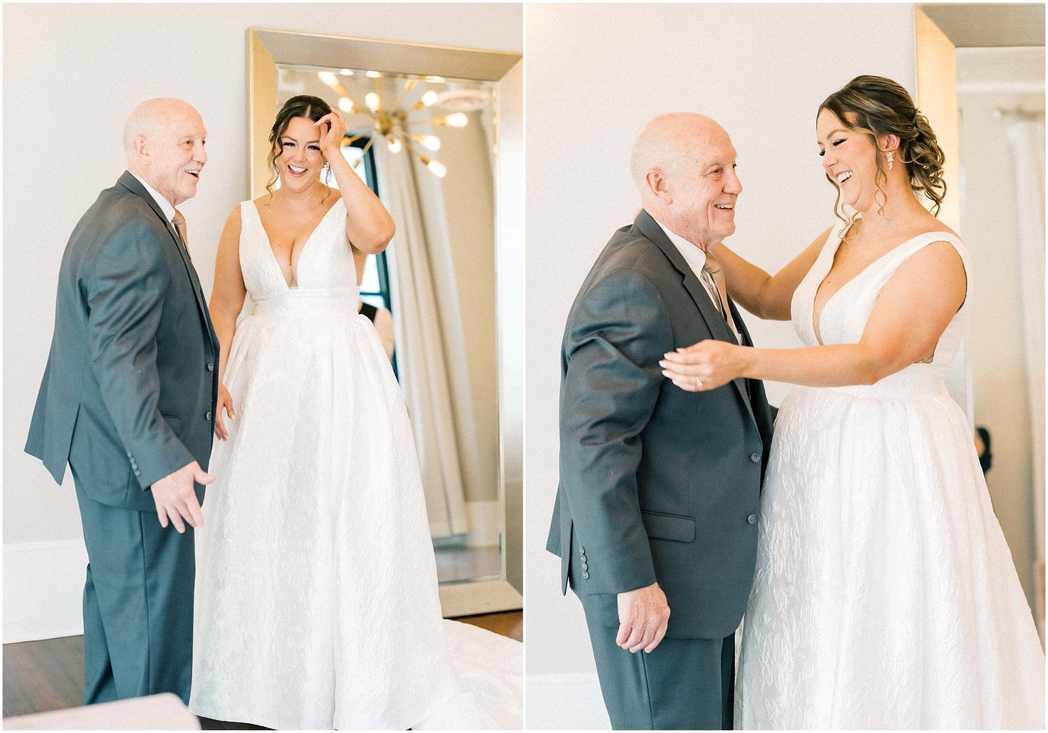 Emotional first look sequence between two people at a wedding in a light-filled room.