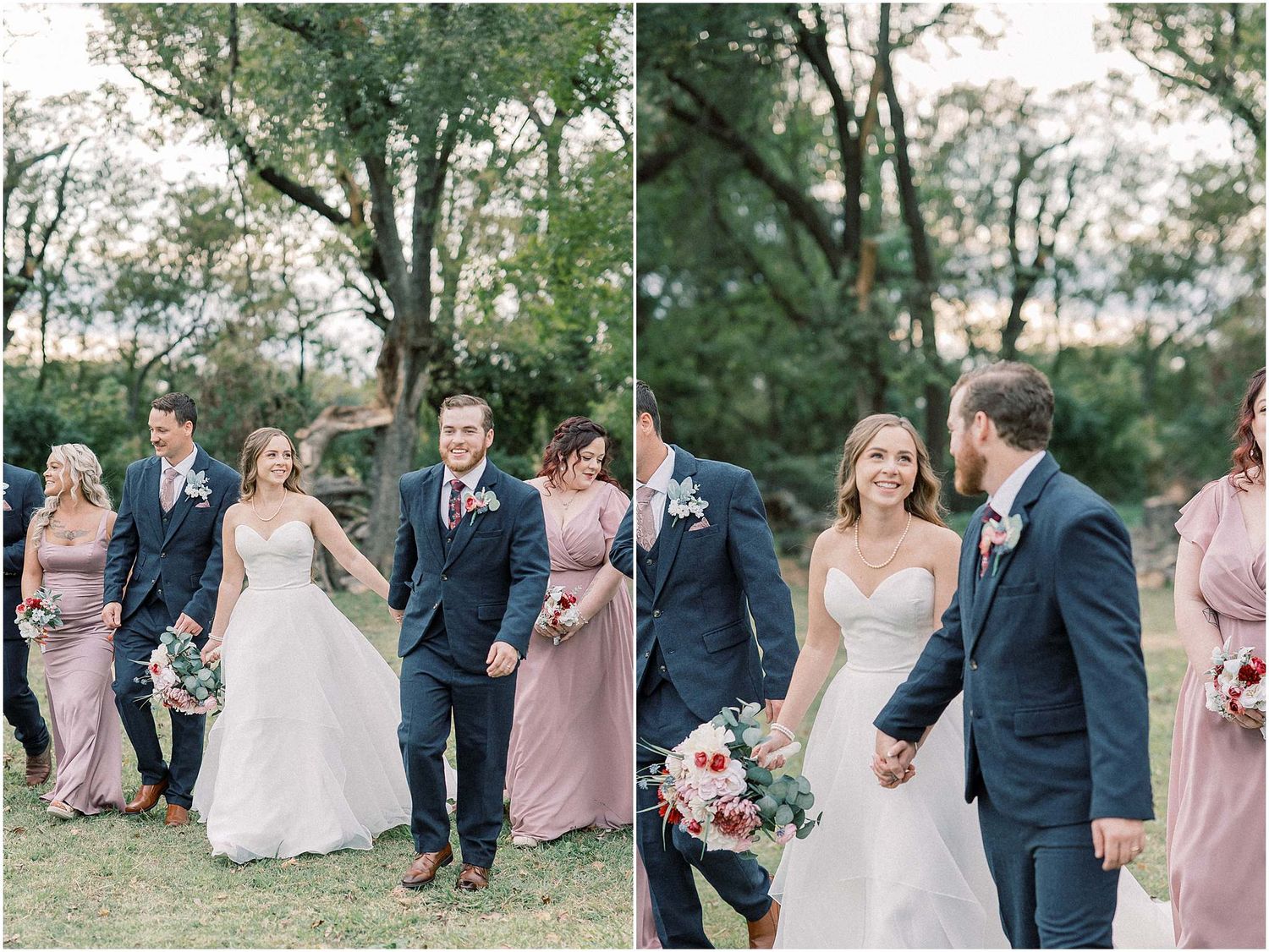 Wedding party photos showing coordinated navy and pink color scheme outdoors.
