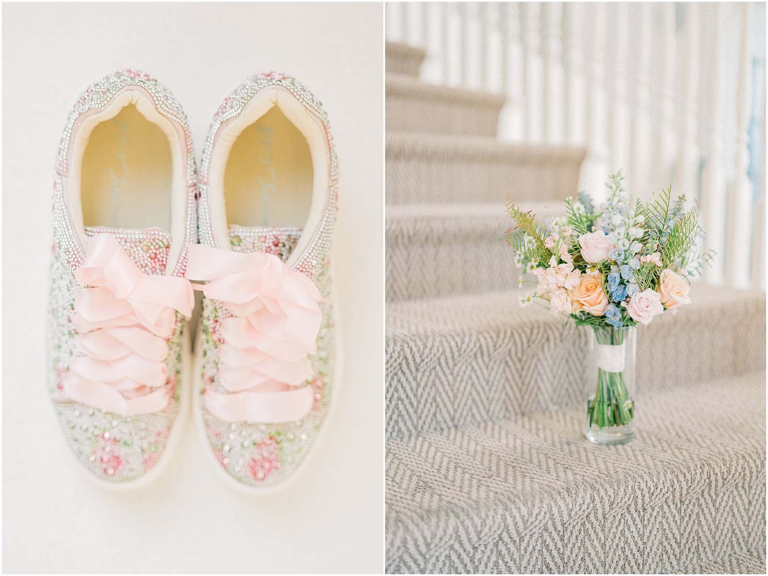Delicate pink floral wedding shoes and accessories arranged on a neutral surface.