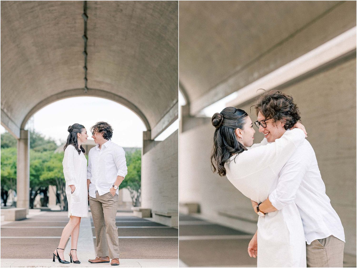 Artistic engagement photo sequence showing romantic moments under concrete architecture.
