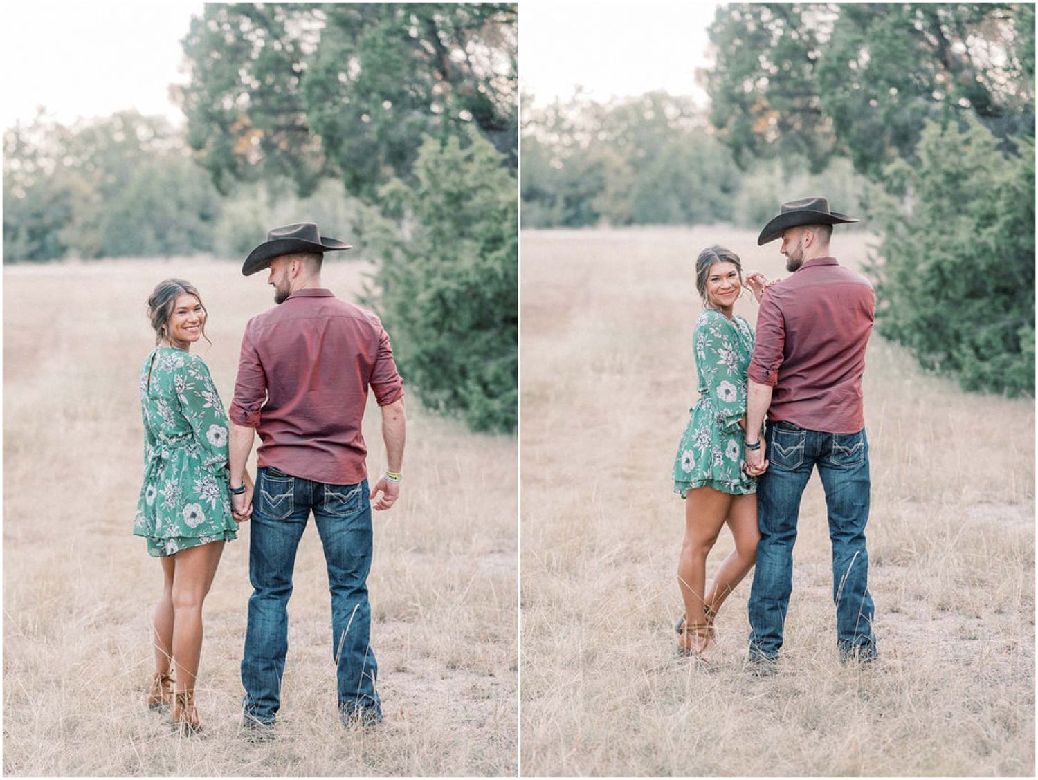 A couple enjoys a romantic moment while walking through a sun-lit meadow.