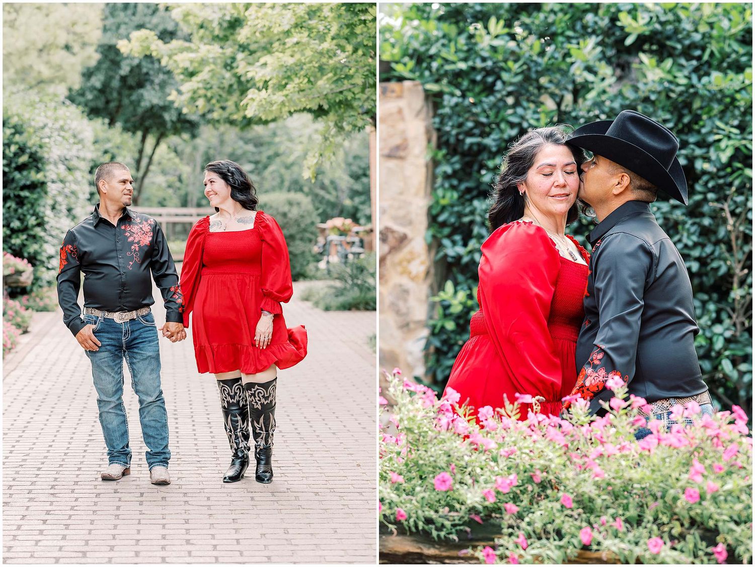 A couple walks together on a brick path surrounded by flowering gardens.