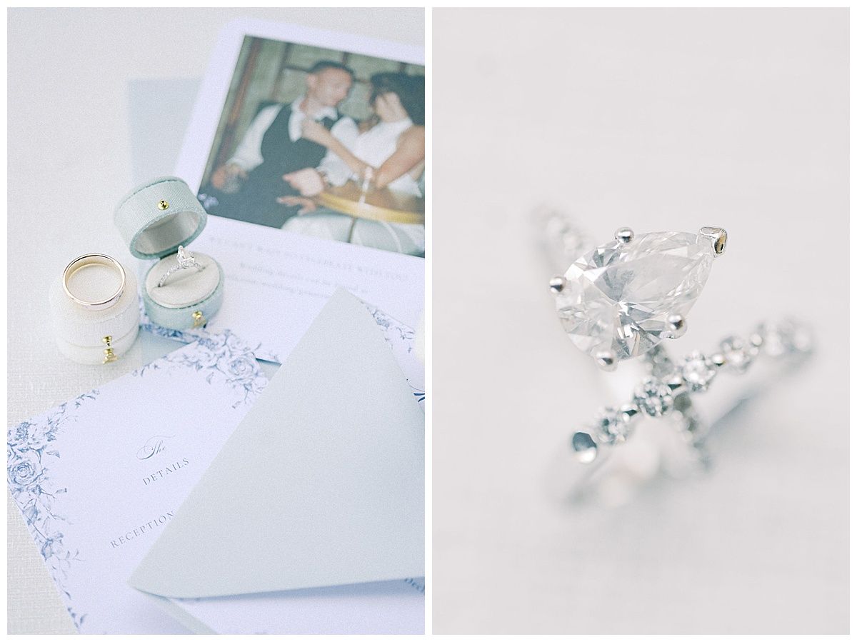 Wedding stationery and invitation details with delicate floral accents and calligraphy on white paper.