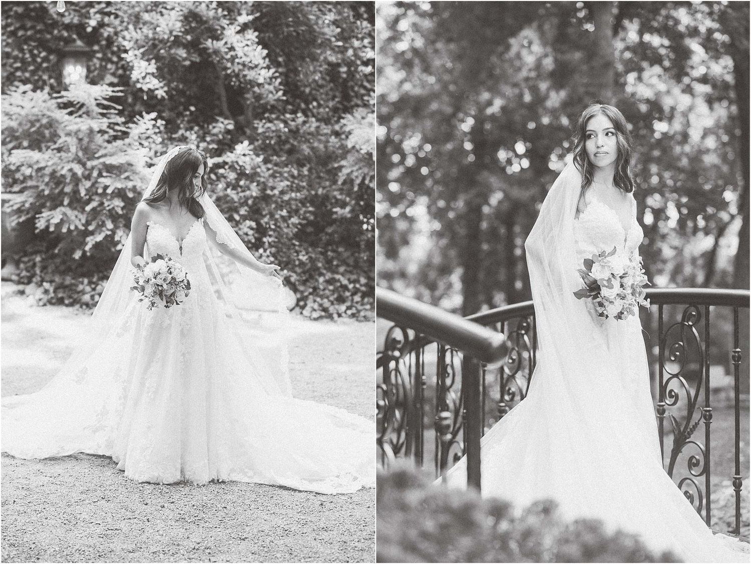 Black and white wedding portraits captured in an outdoor garden setting.