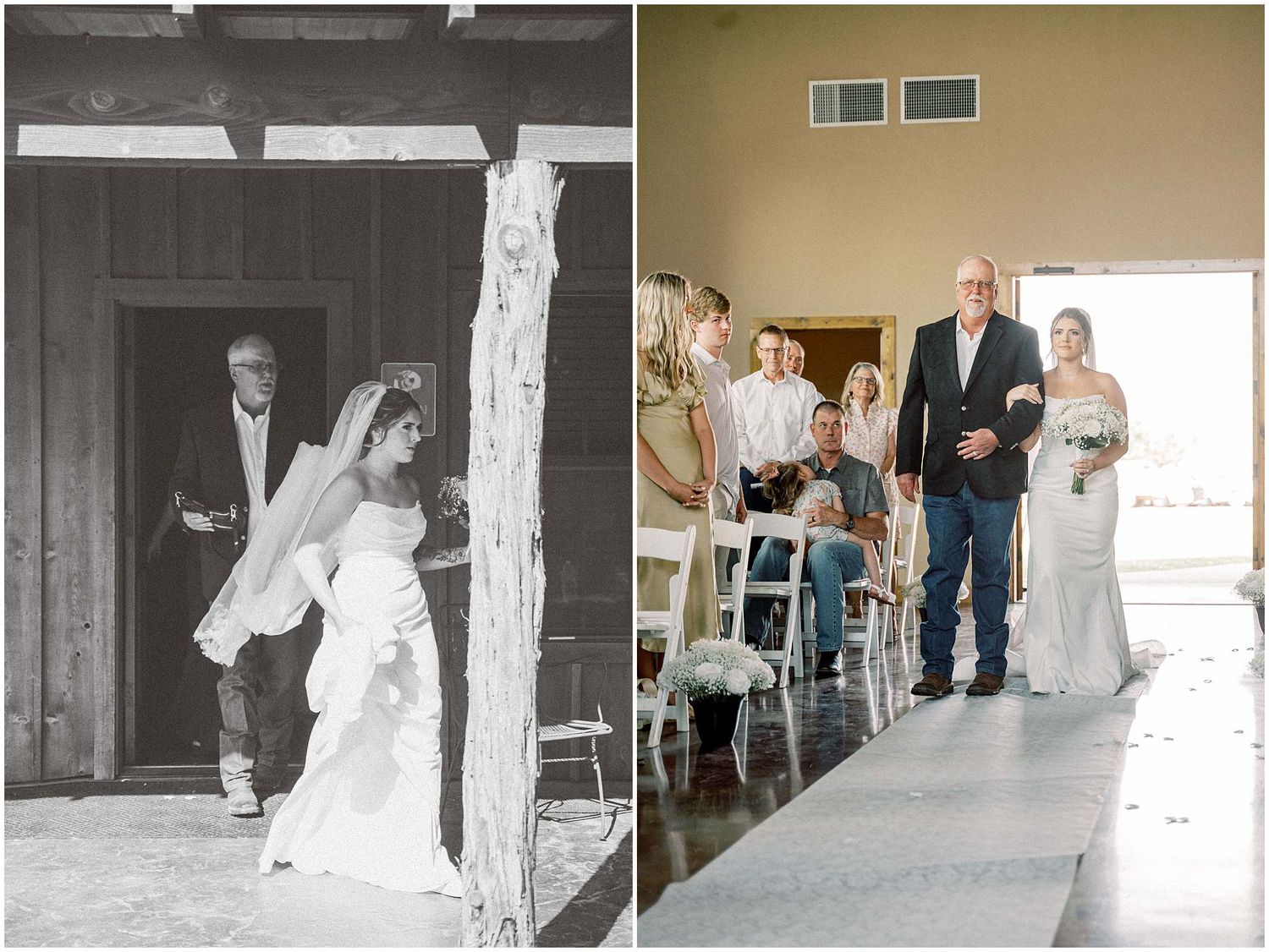 Wedding ceremony moments captured in a rustic indoor venue with natural light.