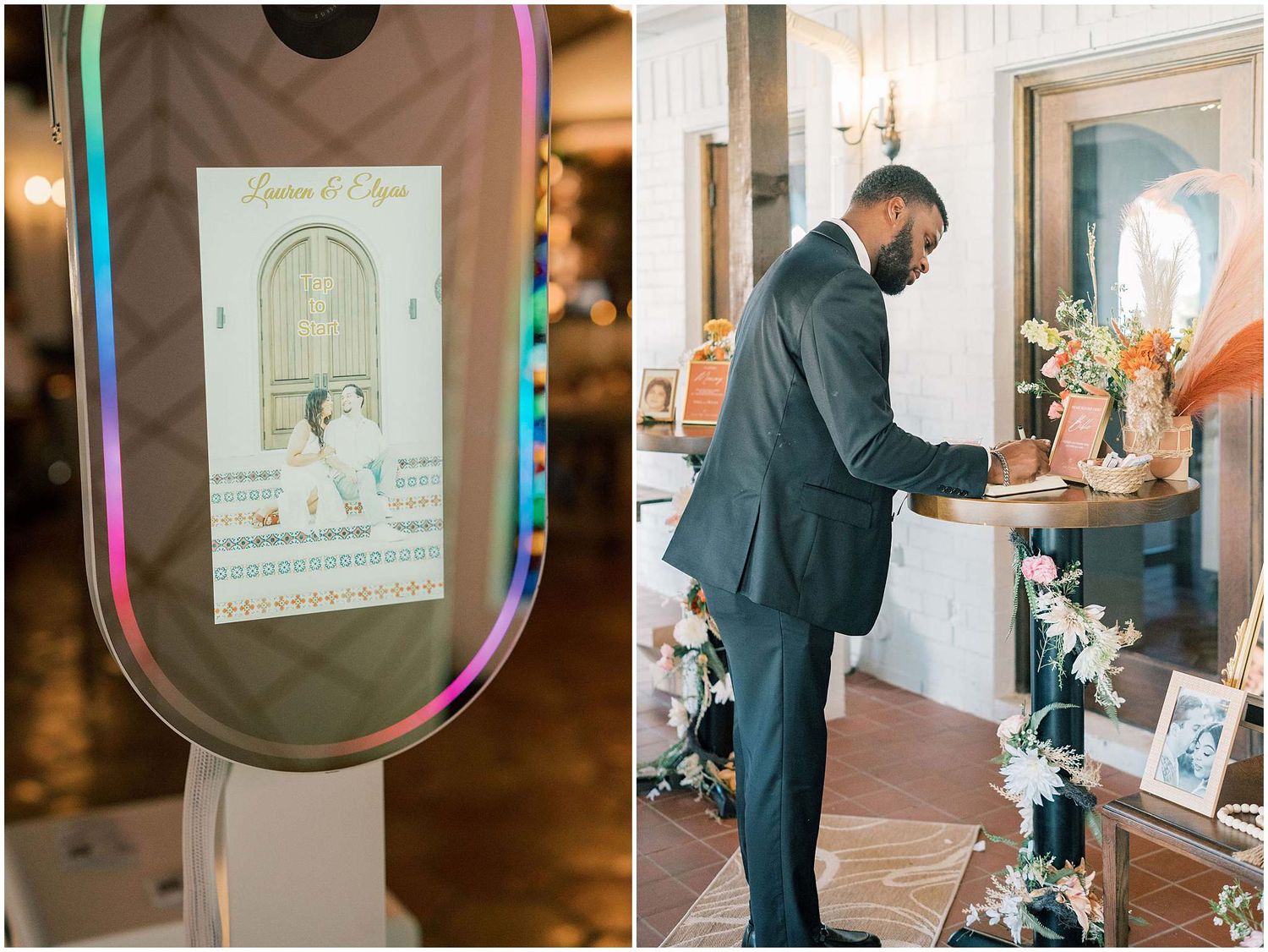 Wedding venue interior with vintage mirrors and romantic lighting.
