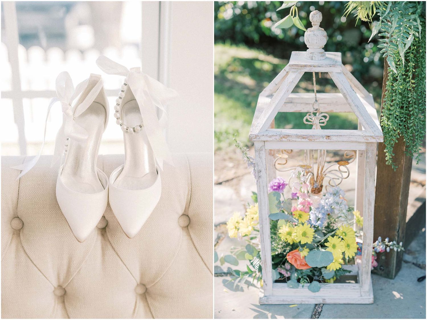A collage of wedding details including white lanterns, bridal shoes, and floral arrangements in soft pastel colors.