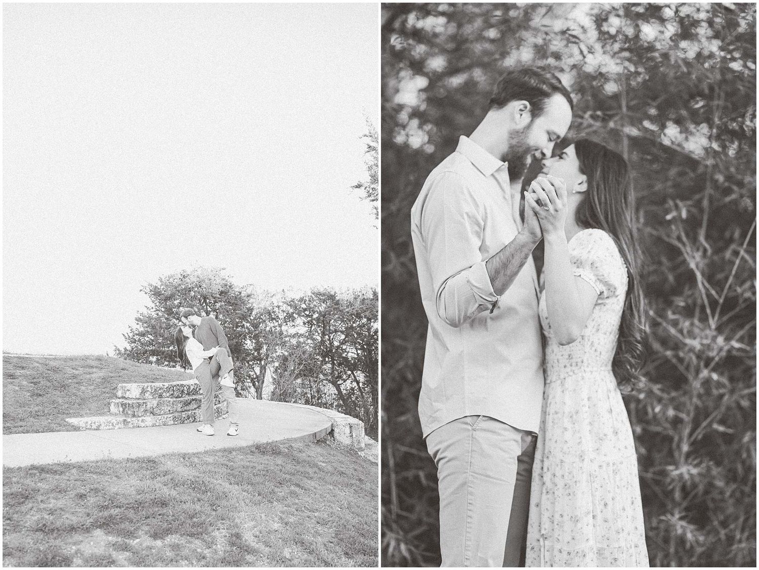 A black and white engagement photo series featuring a couple in a natural outdoor setting.