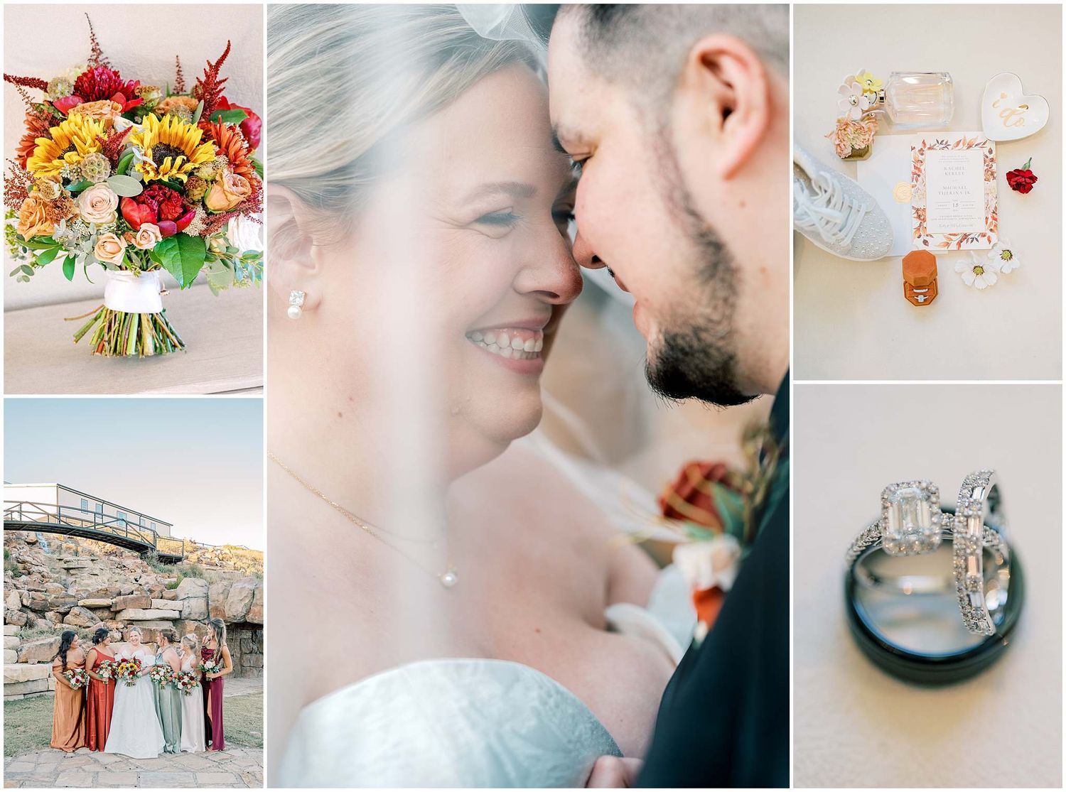 A collection of wedding photos showing romantic moments, floral arrangements, and elegant details in a soft pastel color palette.