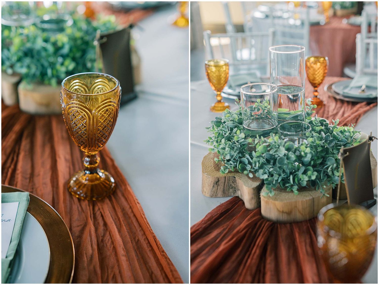 Vintage amber glassware and table settings with rustic greenery centerpieces on a brown tablecloth at an elegant event.