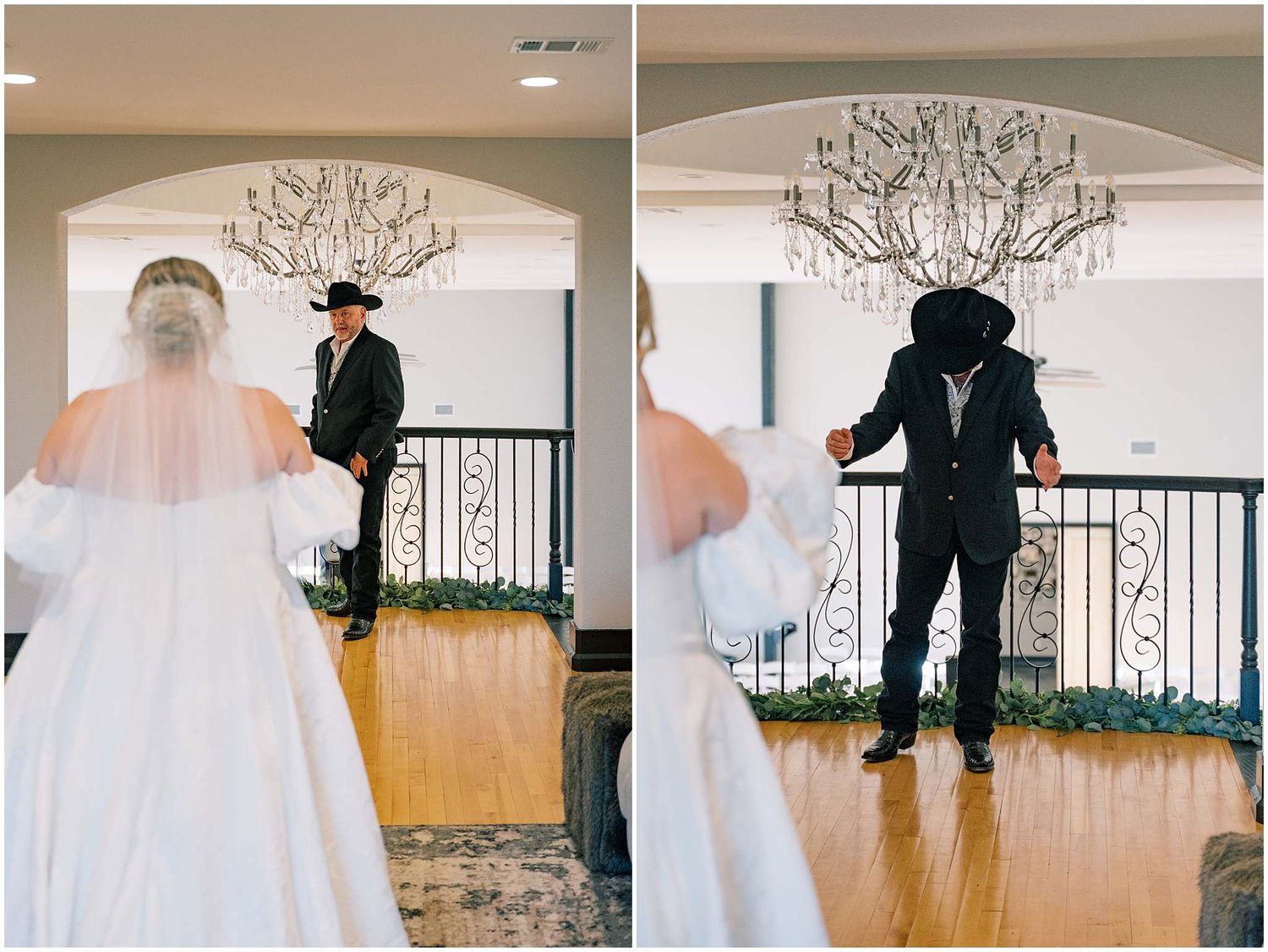 An elegant first look moment captured under a crystal chandelier in a wedding venue.