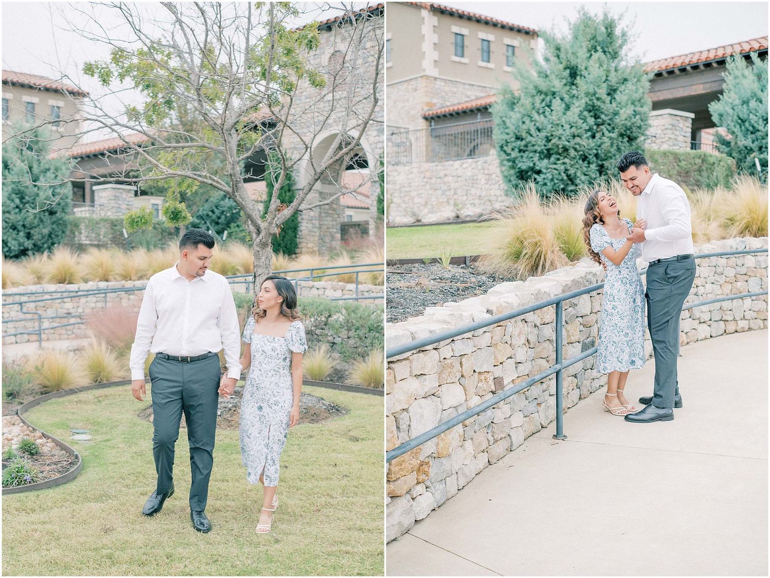 Couple strolls together along stone pathways in a serene garden setting.