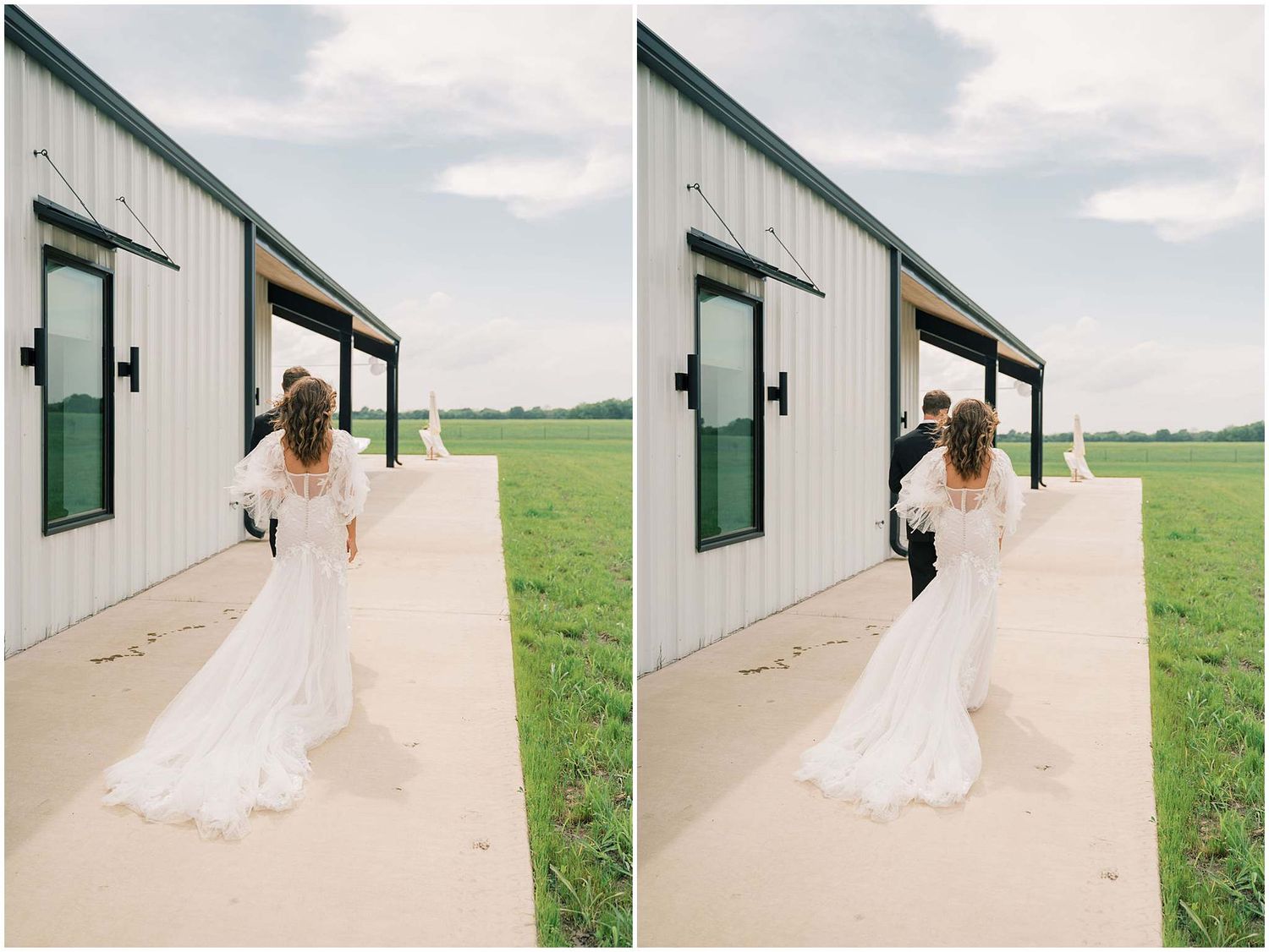 Wedding couple shares romantic moments outside a modern building with green fields in the background.