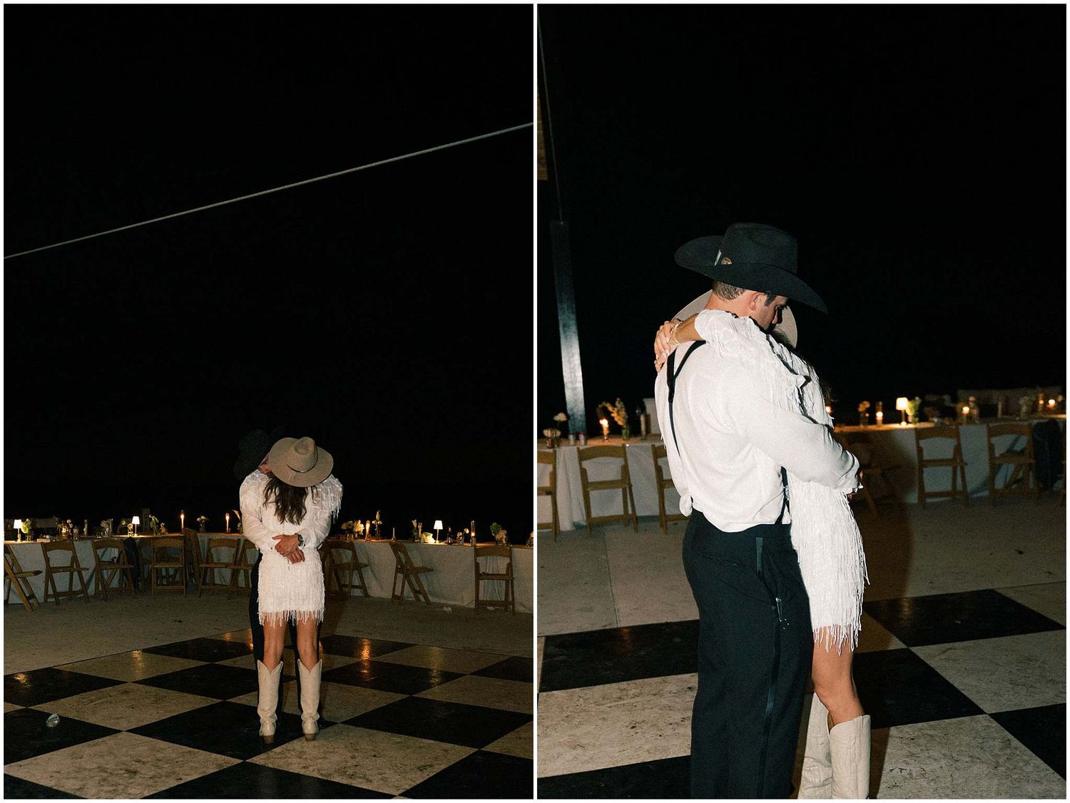 Wedding reception dance floor at night with string lights creating a romantic atmosphere.