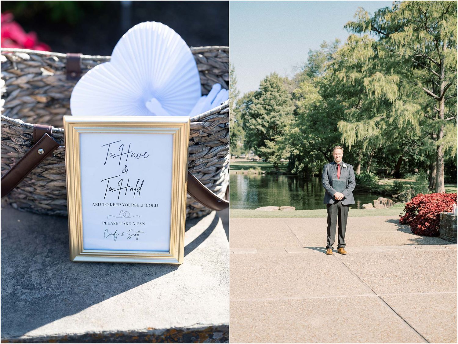 Wedding ceremony setup with white paper fans and elegant signage in a garden setting.
