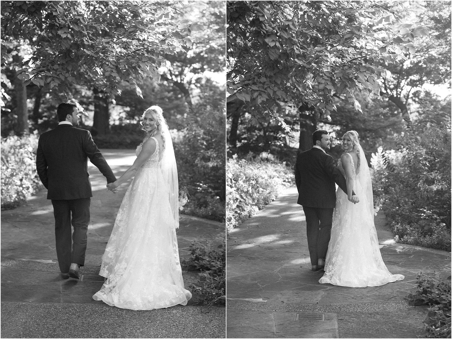 Wedding couple poses for romantic portraits along garden walkway during golden hour.