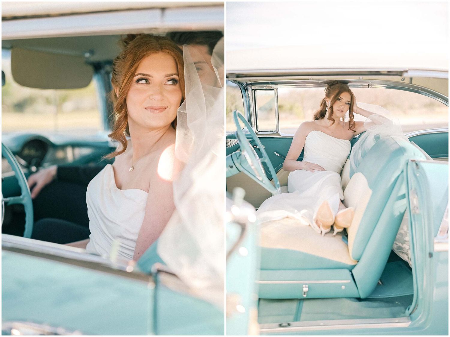 Bride poses in classic vintage turquoise car for wedding day photos.