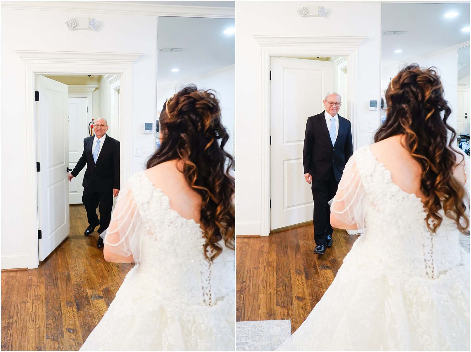 Bride in lace gown with curly hair shares emotional first look moment with father in suit at wedding venue.