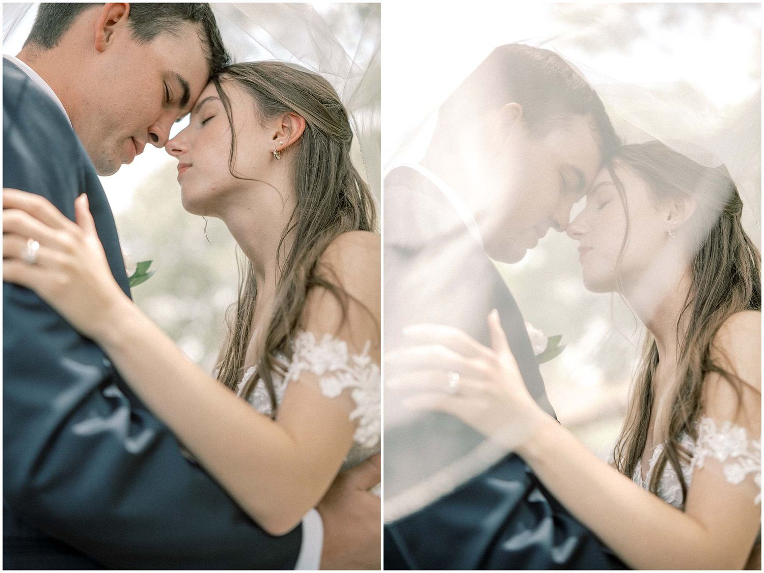A romantic sequence of wedding photos showing tender moments between the couple during their special day.
